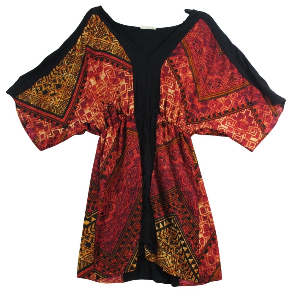 A.gain Womens Geometric Tribal Print Kimono Sleeve V-Neck Mini Dress Red Black S